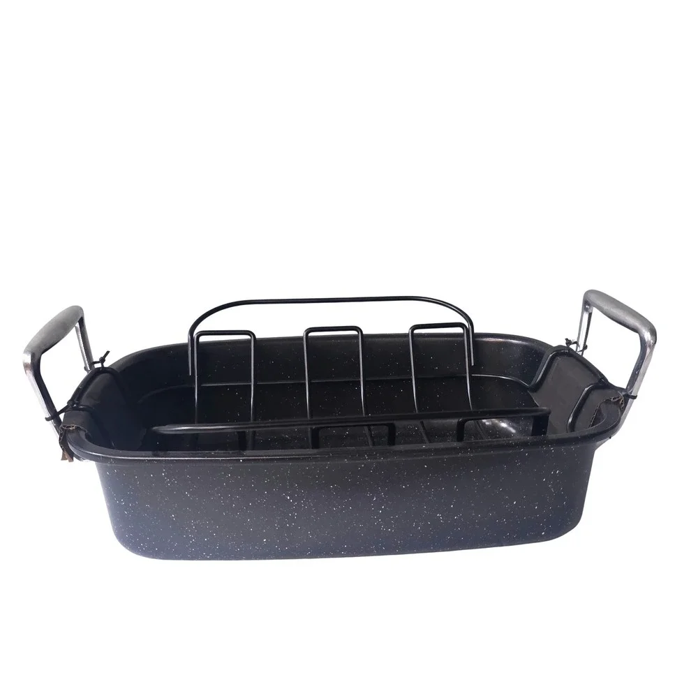 Black Speckled Enamel Roasting Pan with Removable Wire Rack & Silver Handles 16